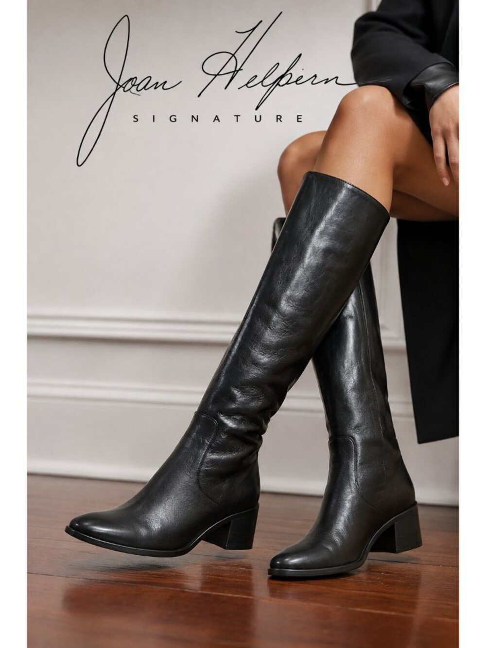 Joan Helpern Signature Black Leather Knee High Boots 6.5M Made in Italy